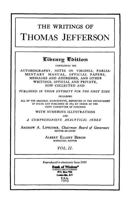 (image for) The Writings of Thomas Jefferson - Vol. 2 of 20 Vols.